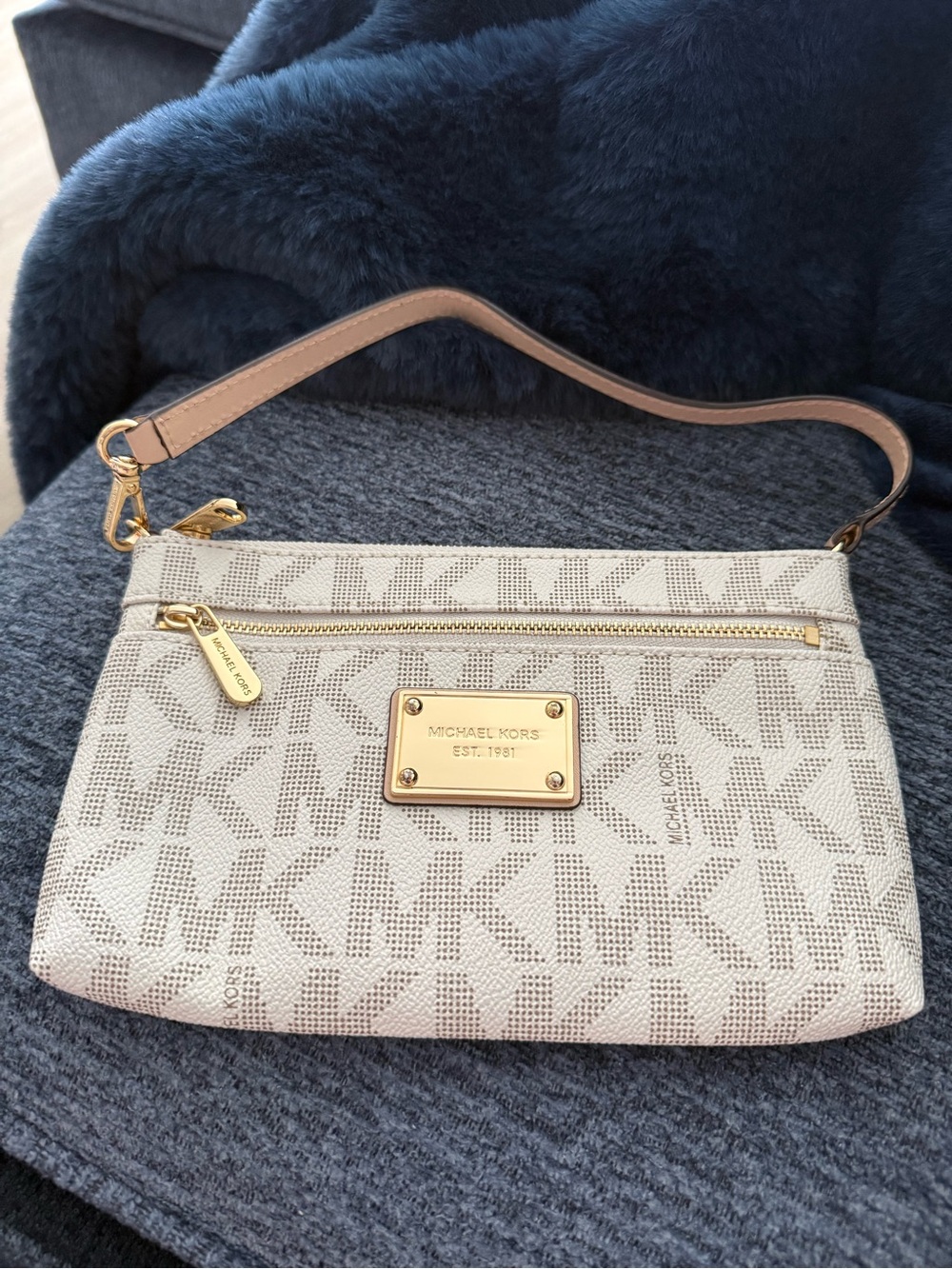 Michael Kors Cream Logo Large Wristlet with Tan Strap and Gold Hardware NWOT